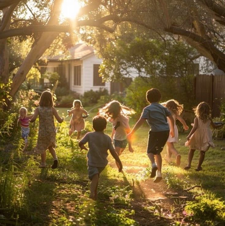 Children playing and running together outdoors in warm golden sunlight