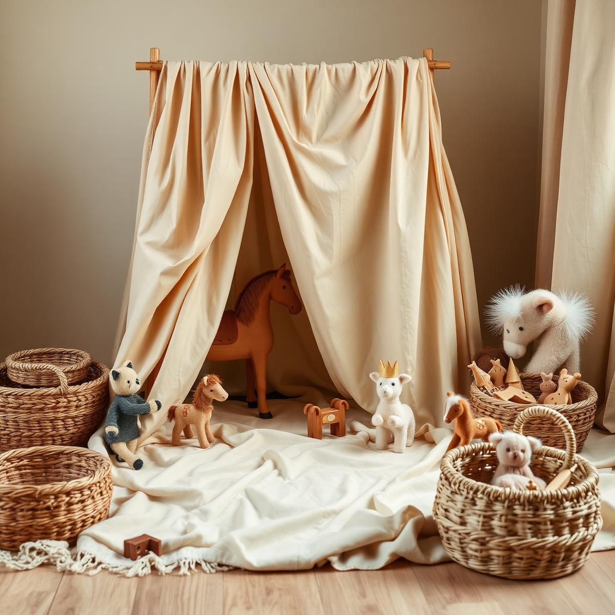 Silk canopy fort with wooden animals and baskets of toys